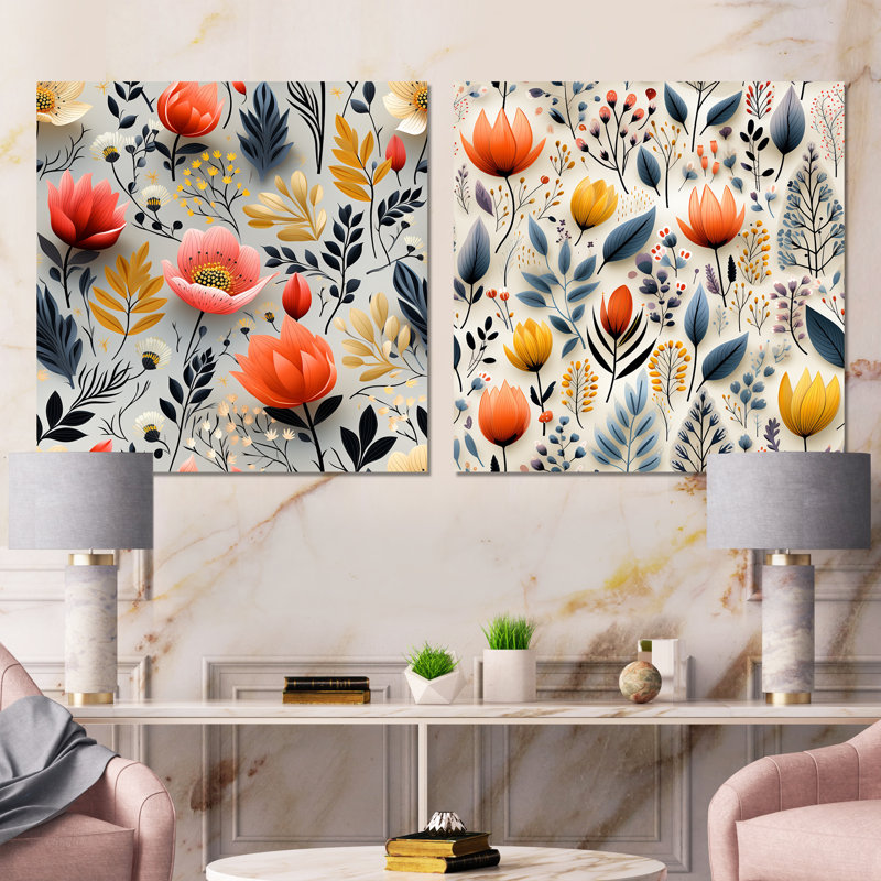 Ledonne - Ensemble de 2 décorations murales florales, Toile tendue, H 16 po x l 33 po x P 1 po