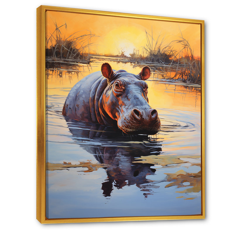 Hippopotame, roi de la savane 1 - Hippopotame, art mural, Cadre flottant doré, H 44 po x l 34 po x P 1,5 po