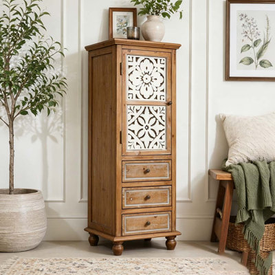 Rustic Wooden Storage Cabinet with Decorative Cutout Door & 3 Drawers