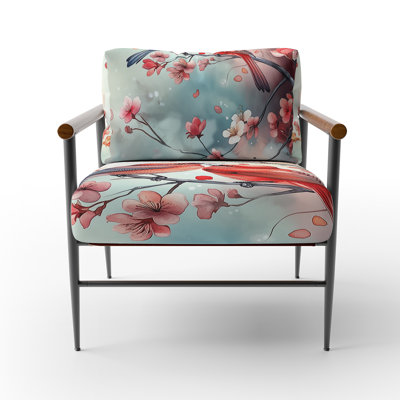 Bird Floral Accent Chair - Chinoiserie Birds & Red Summer Blossoms Arm Chair