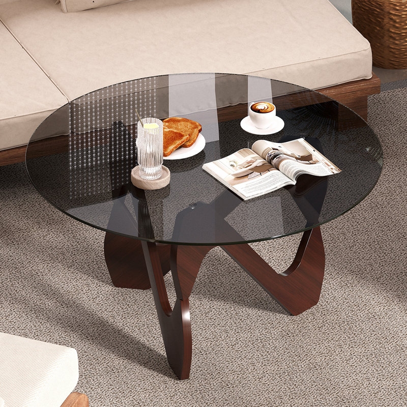 Round Coffee Table with Solid Wood Legs, Minimalist Table for Living Room, Smoked Top/Walnut Base