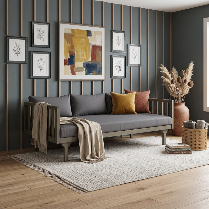Lit de jour d'extérieur en bois d'acacia à trois places avec lattes et coussins résistants à l'eau, GrayDarkGray