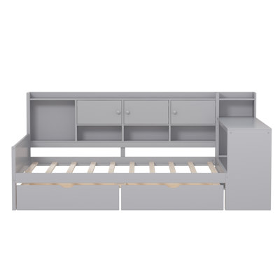 Daybed with Storage 3 Cabinets and 2 Drawers, Wooden L-Shape Daybed Frame with Study Desk and Built-in Bookshelf, Multi-functional Bed for Bedroom Gue by George Oliver