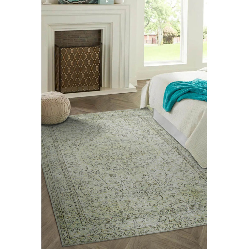 Tapis décoratif vert à motif oriental rétro, Rectangle 3 pi 10 po x 5 pi 3 po