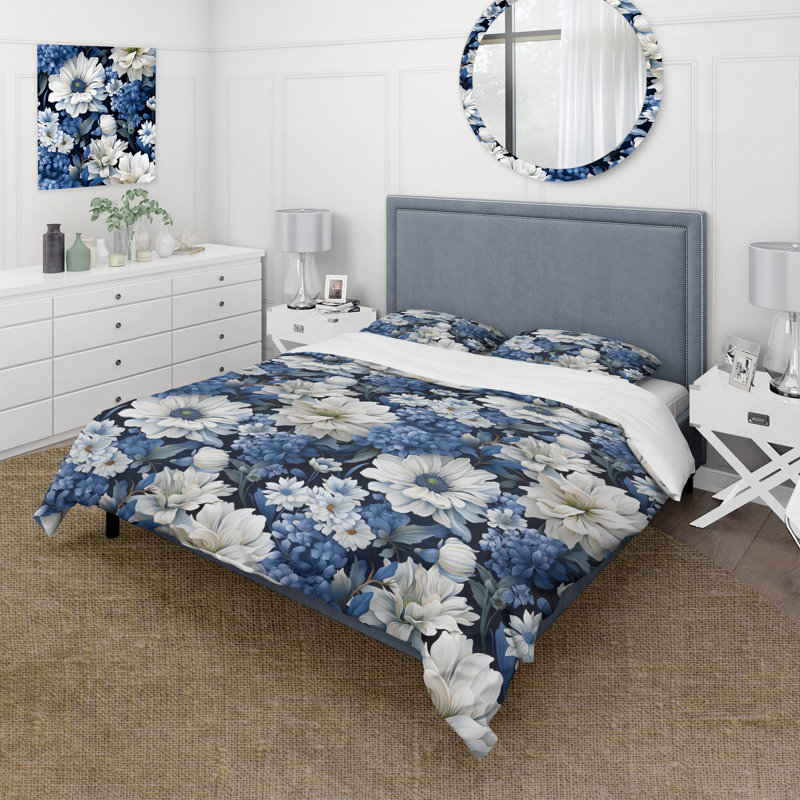 Ensemble de housse de couette floral à motif floral bleu et blanc IV, Housse de couette simple + 1 taie décorative stan
