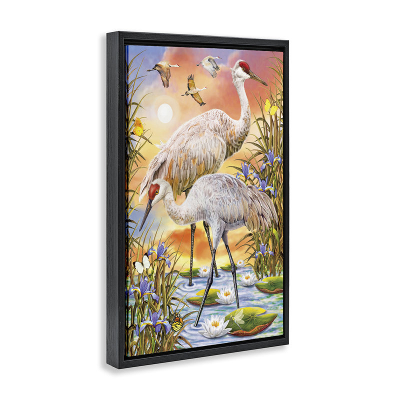 Cadre flottant Sandhill Cranes at Sunset, design par Rosiland Solomon, H 25 po x l 17 po, Cadre flottant noir de jais