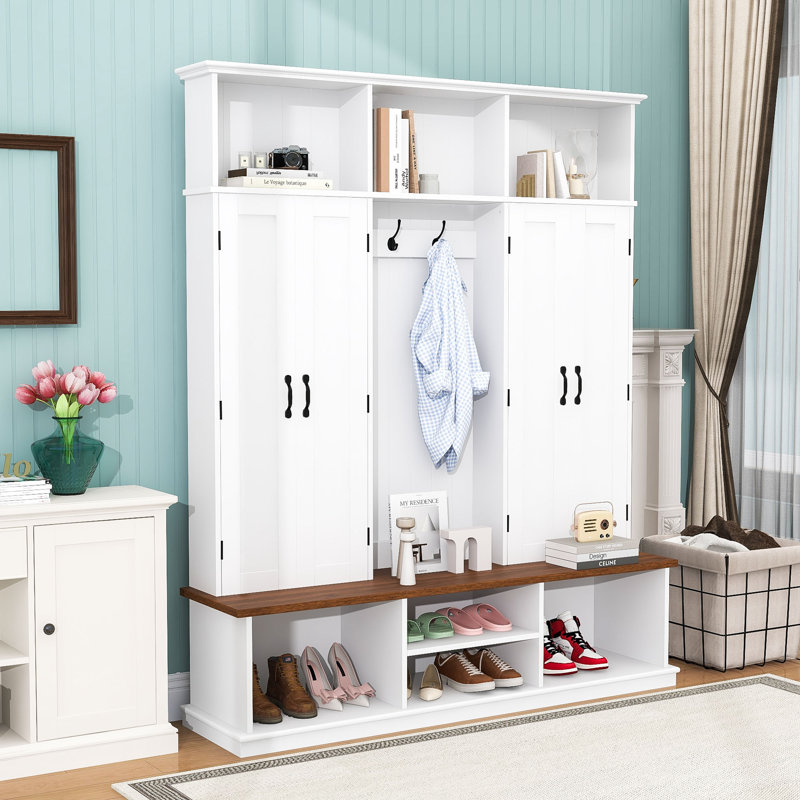 Entryway Hall Tree with Bench, 3 Top Cubbies, 6 Hooks, Side Cabinets and Shoe Storage, White