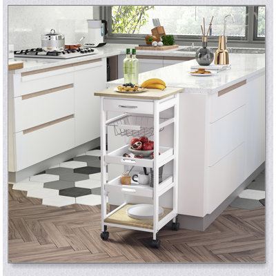 Mobile Rolling Kitchen Island Trolley with Drawer and Slide-Out Wire Storage Basket for Versatile Use and Organization.