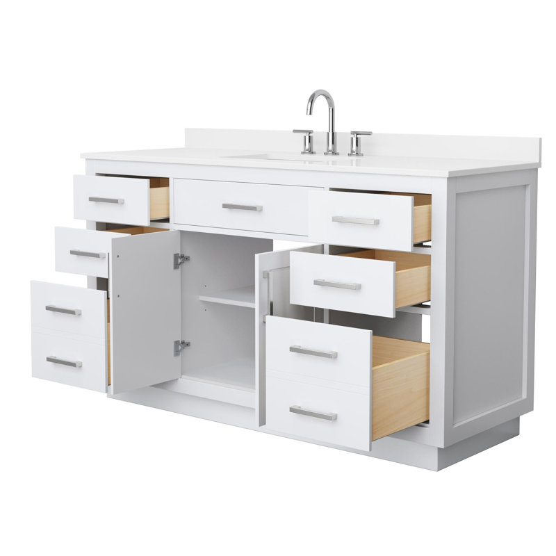 Beckett TK 60'' Bathroom Vanity with Quartz Top, 8" Center, Brushed Nickel, White
