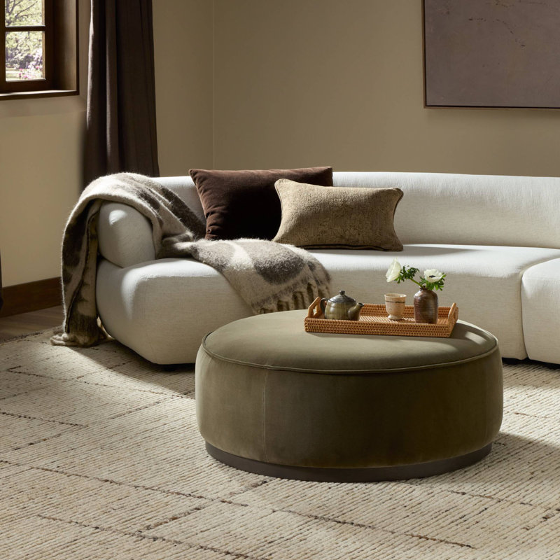 Sinclair Large Round Ottoman, Surrey Olive Cotton Blend