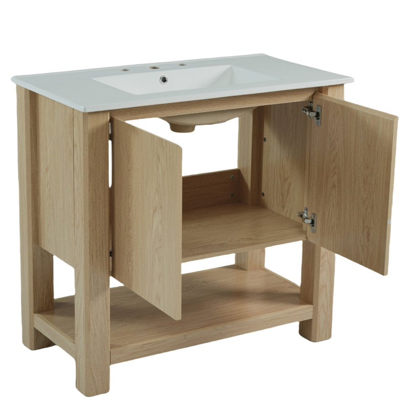 Meuble-lavabo moderne 36 po avec lavabo en céramique et grand espace de rangement, Naturel