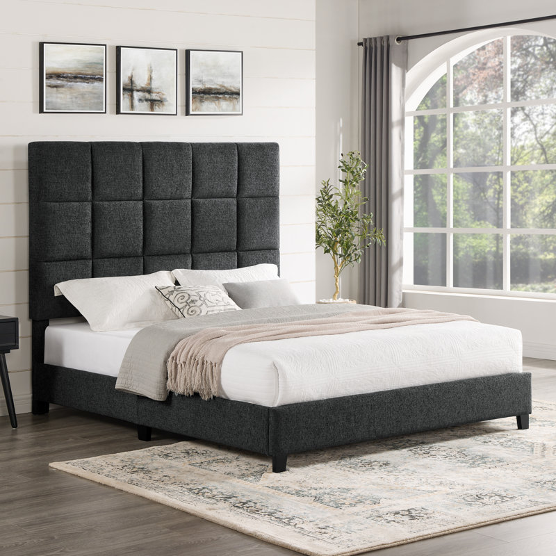 Ashiqu Squares Upholstered Platform Bed, Gray, Queen