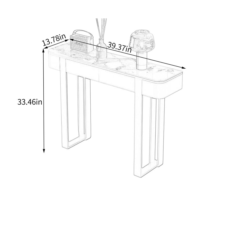 Console en pierre avec base en acier inoxydable, H 33,46 po x l 39,37 po x P 13,78 po, Doré, Brun / Blanc