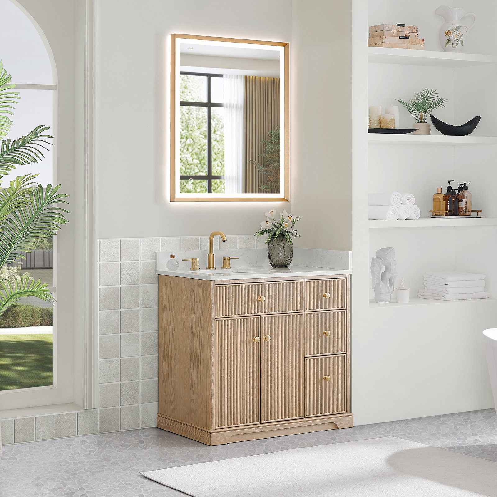 Noe 36" Single Bathroom Vanity in Natural Oak with Grain White Engineered Stone Countertop No Mirror
