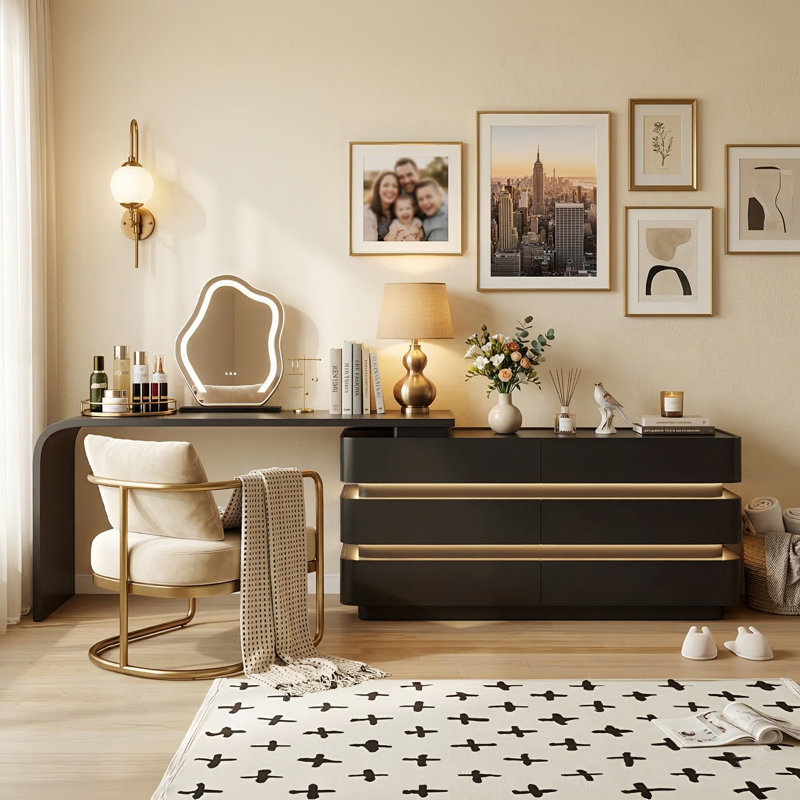 Modern LED Vanity Desk with Large Storage Drawers, Tempered Glass Top Makeup Vanity Extendable45.12''–96'' Makeup Vanities, L-Shape or Straight Layout Dressing Table,No Assembly Needed