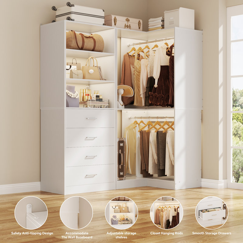 53" W Closet System With Drawers And Hanging Rods, White