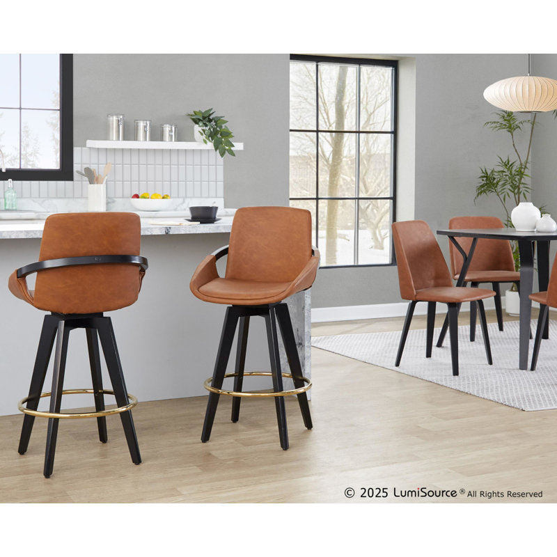 Whitacre 26" Fixed-Height Camel Faux Leather Counter Stools with Black Wood Legs & Round Footrest, Camel/Gold