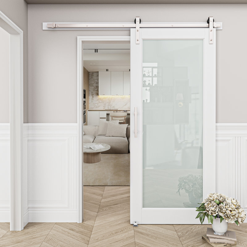 36" x 80" White Primed MDF Barn Door with Frosted Glass and Nickel Hardware