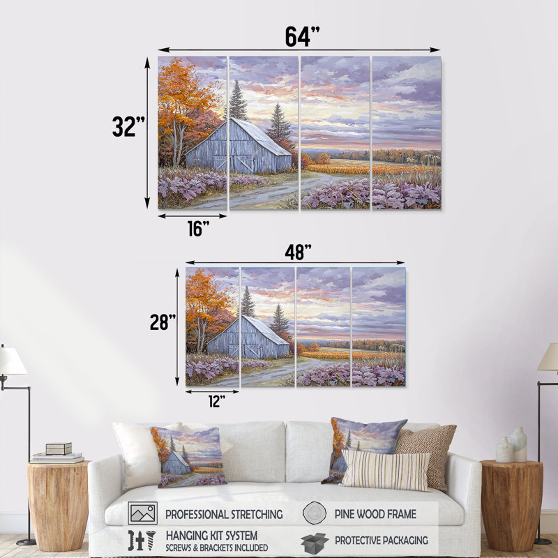 «Purple Farm Landscape Autumn Harvest» - ensemble d'art mural de ferme, H 28 po x l 48 po
