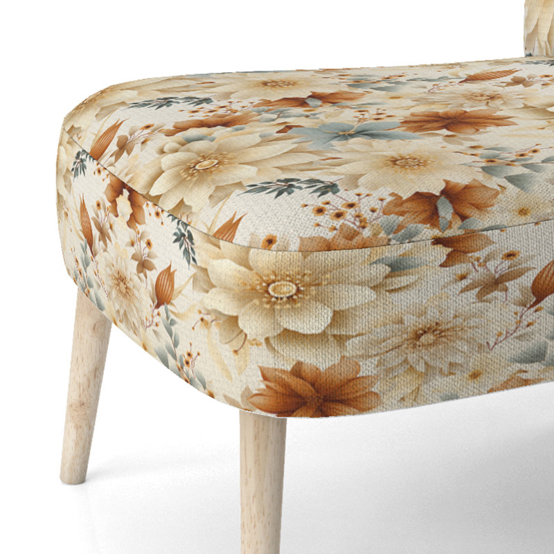 Chaise d'appoint de chalet rembourrée en velours beige doux à motif floral brun chaud