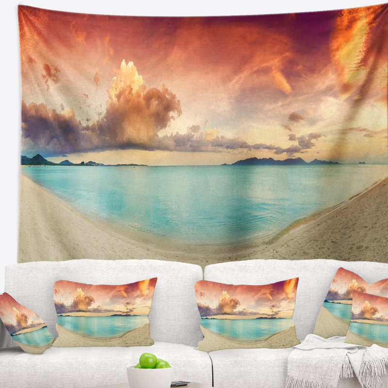 Paysage tropical coucher de soleil coloré avec tapisserie de l'étang, H 78 po x l 92 po