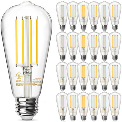 8 Watt (60 Watt Equivalent), ST58 LED, Dimmable Vintage Edison Light Bulb, Warm White 2700K, E26 Medium Base, 800LM, 80+ CRI, Clear Glass Straight Filament Decorative Bulb (Set of 24)