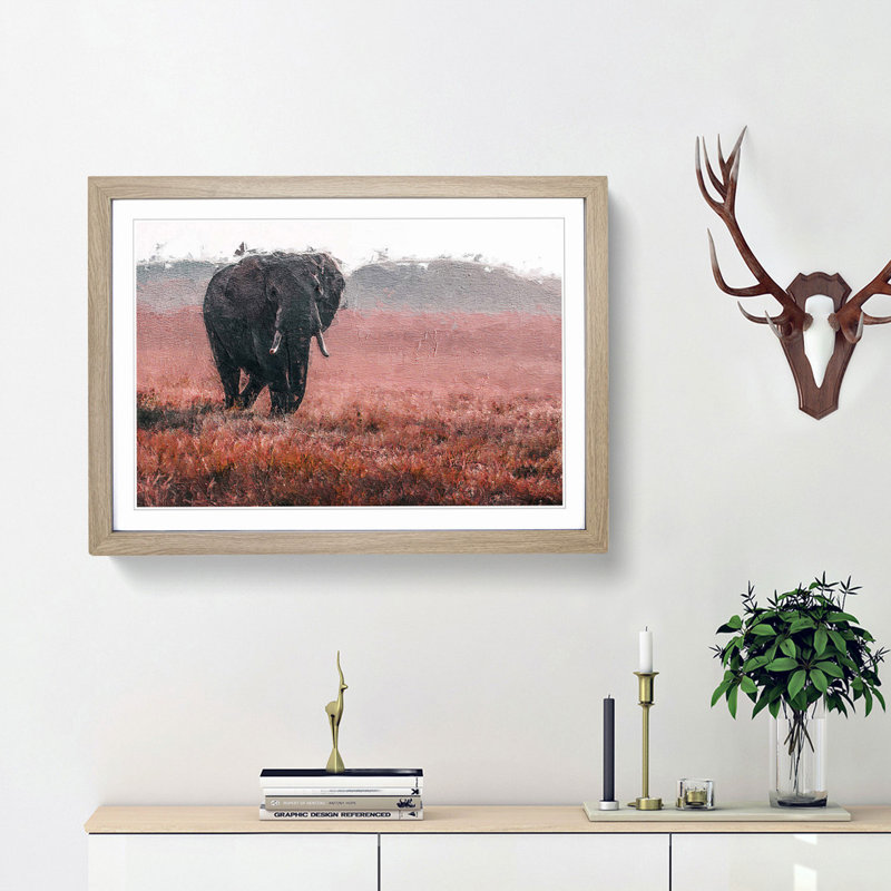 Marching Elephant in Abstract - Framed Print, Oak Framed, 36cm H x 48cm W x 2cm D