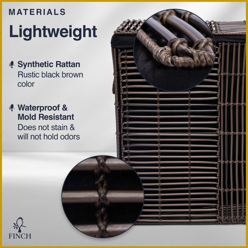 Finch Double Laundry Hamper with Lid & Handles, Foldable, Divided Section, Steel Frame Woven Rattan