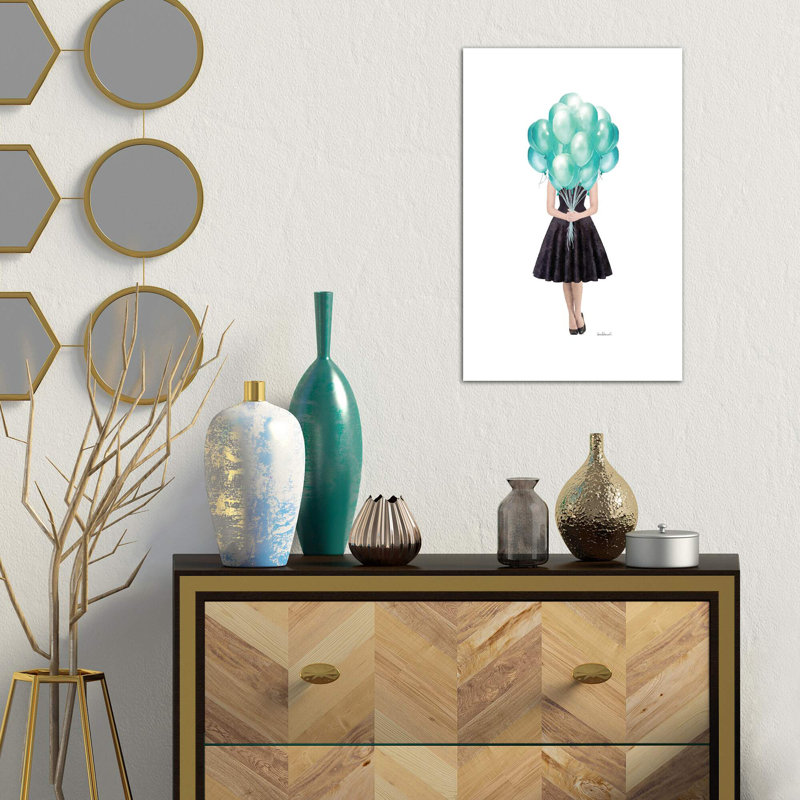 Audrey Holding Balloons, Teal 1 Piece Wrapped Canvas Wall Art, 66.04cm H x 45.72cm W x 1.91cm D