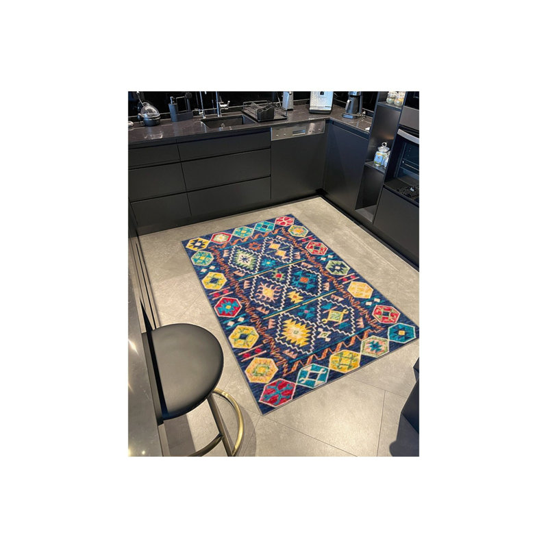 Blue Background and Geometric Patterned Woven Base Rug, Square 3'3" Rug Pad Included