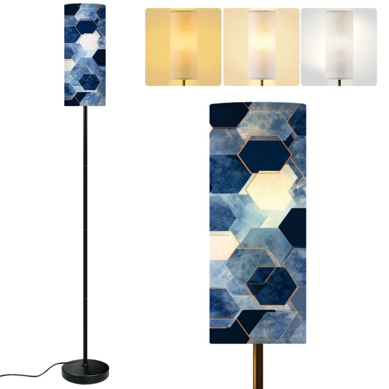  68.5" Standing Floor Lamp abstract geometric watercolor hexagons Dimmable Metal Pole Lamp with Linen Lampshade LED Bulb Included