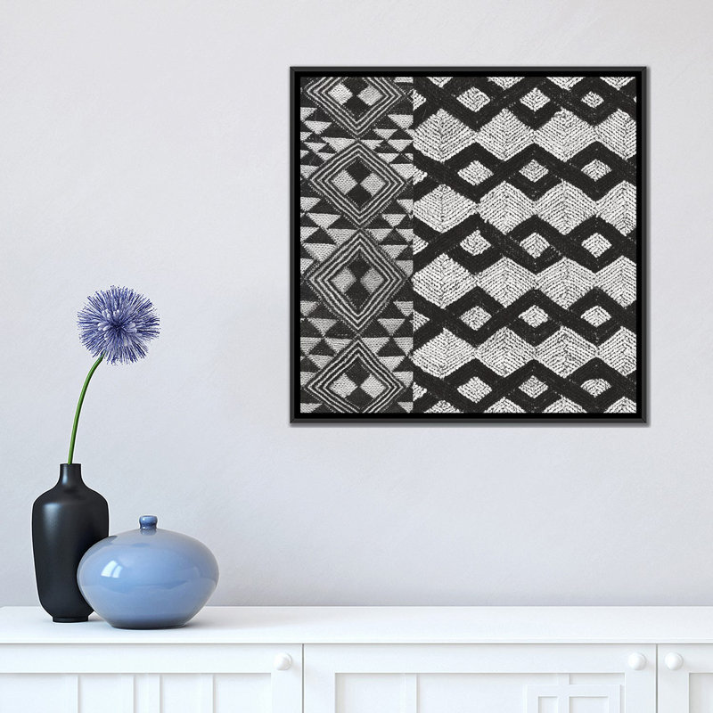 «Kuba Tissu Mat I, B&W», impression sur toile, H 26 po x l 26 po x P 1,5 po, Toile avec cadre noir, Pas de tapis
