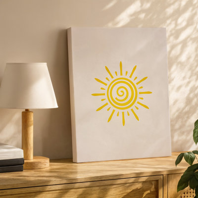 La toile crée un design minimaliste mettant en vedette un art de symbole du soleil jaune vif au centre rayonnant de chaleur et de posibilité