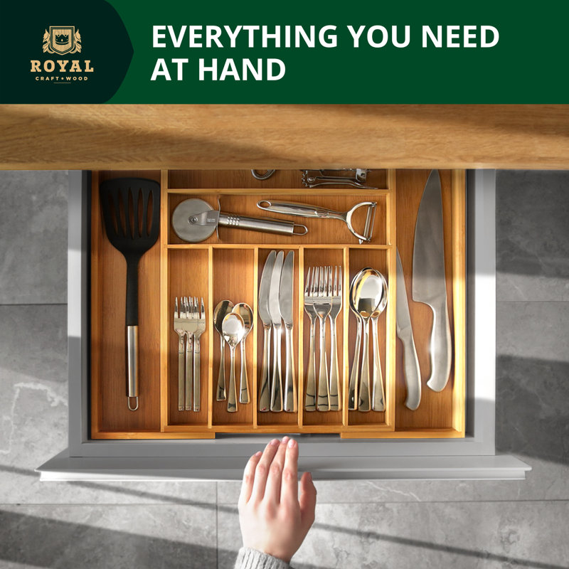 Rangement de tiroir ajustable pour couverts et ustensiles de cuisine, Naturel