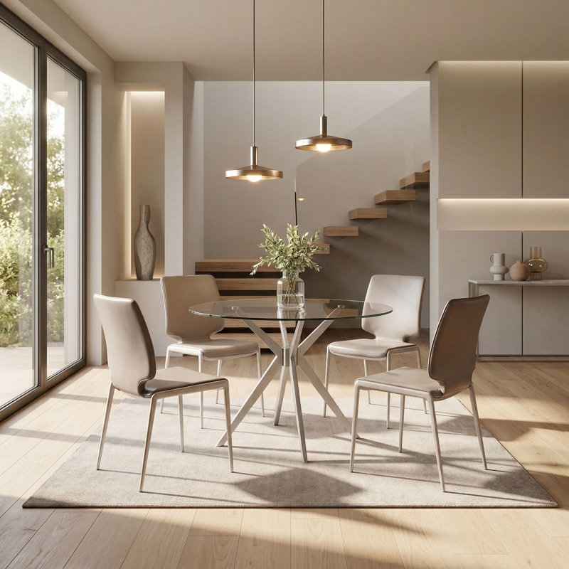 Mikaia Round Glass Top Dining Table, Brushed Stainless Steel