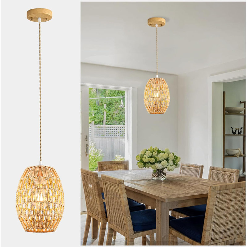 2-Pack Boho Rattan Pendant Light Fixture, Hand-Woven Wicker Chandelier With Hemp Rope For Dining Room Kitchen Island Bedroom Hallway, Hardwired E26 Socket Adjustable Hanging Height