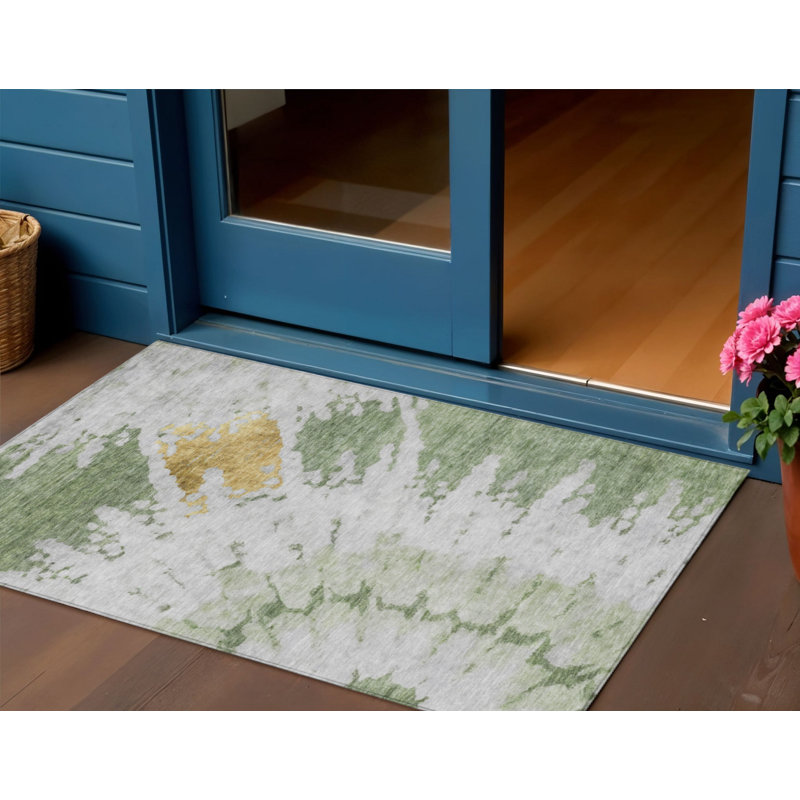 HomeRoots 3' X 5' Artichoke Green And Olive Green Abstract Washable Indoor Outdoor Area Rug