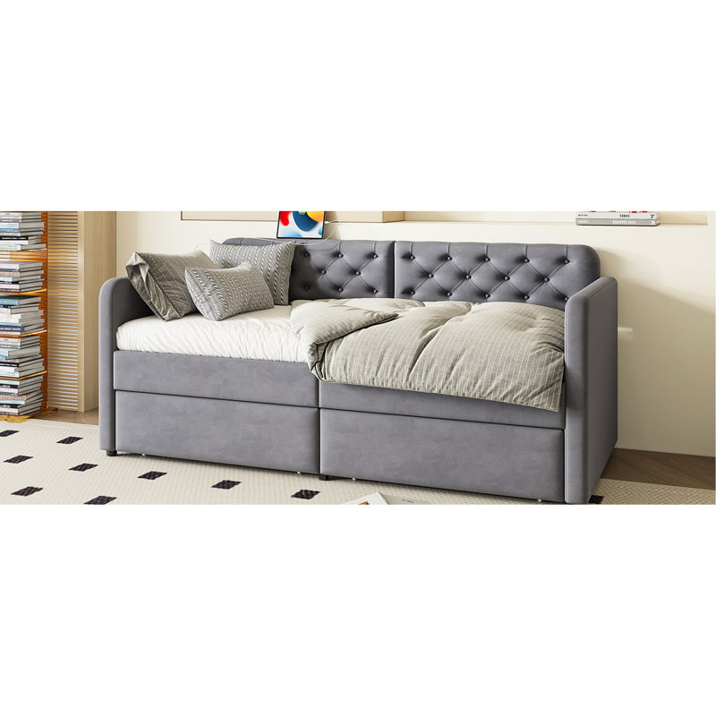 Structure de lit de jour gris simple avec 2 tiroirs de rangement, dossier à boutons, pas de sommier tapissier, décor de chambre à coucher, revêtement en velours de lit, conception en bois de style Mid-Century, teinte