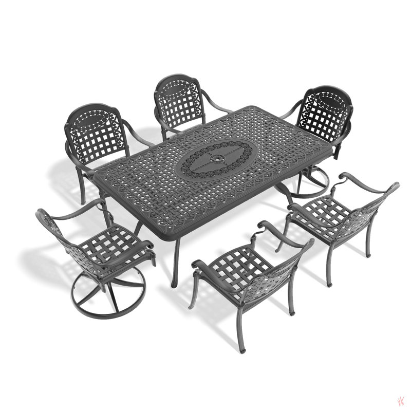 L'ensemble de salle à manger toutes saisons en fonte d'aluminium comprend 2 chaises pivotantes, 4 chaises et une table rectangulaire avec cadre noir