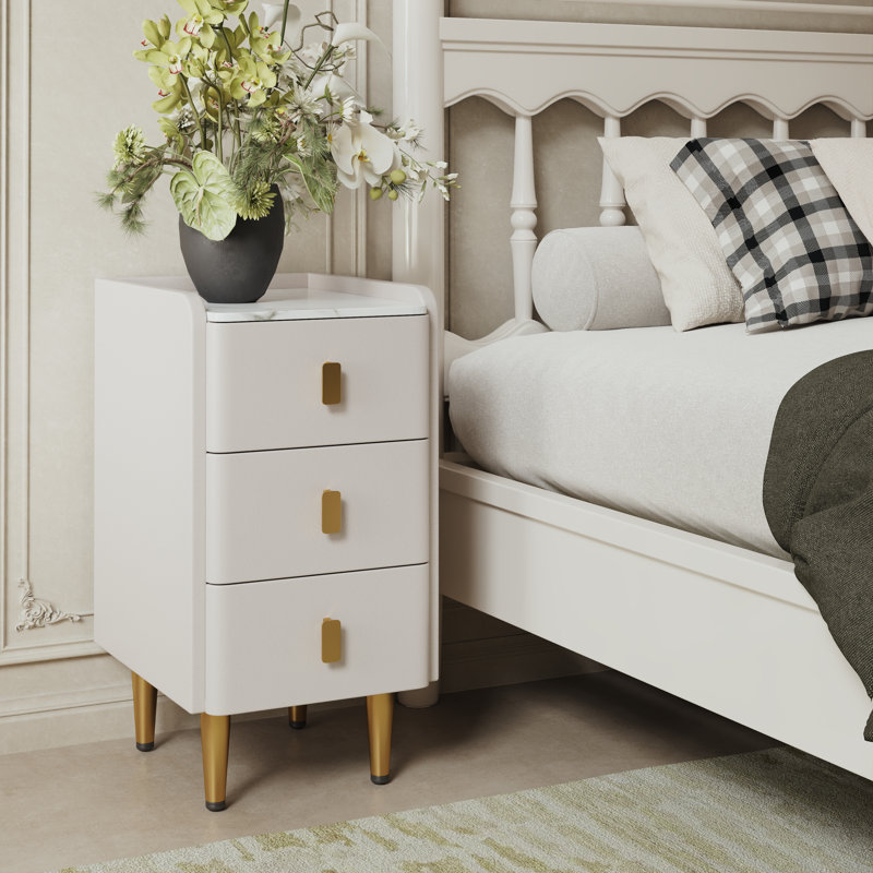 Solid Wood Core Leather Upholstered Faux Marble Top Nightstand - Quick Leg Assembly Only, White, 11.8" W