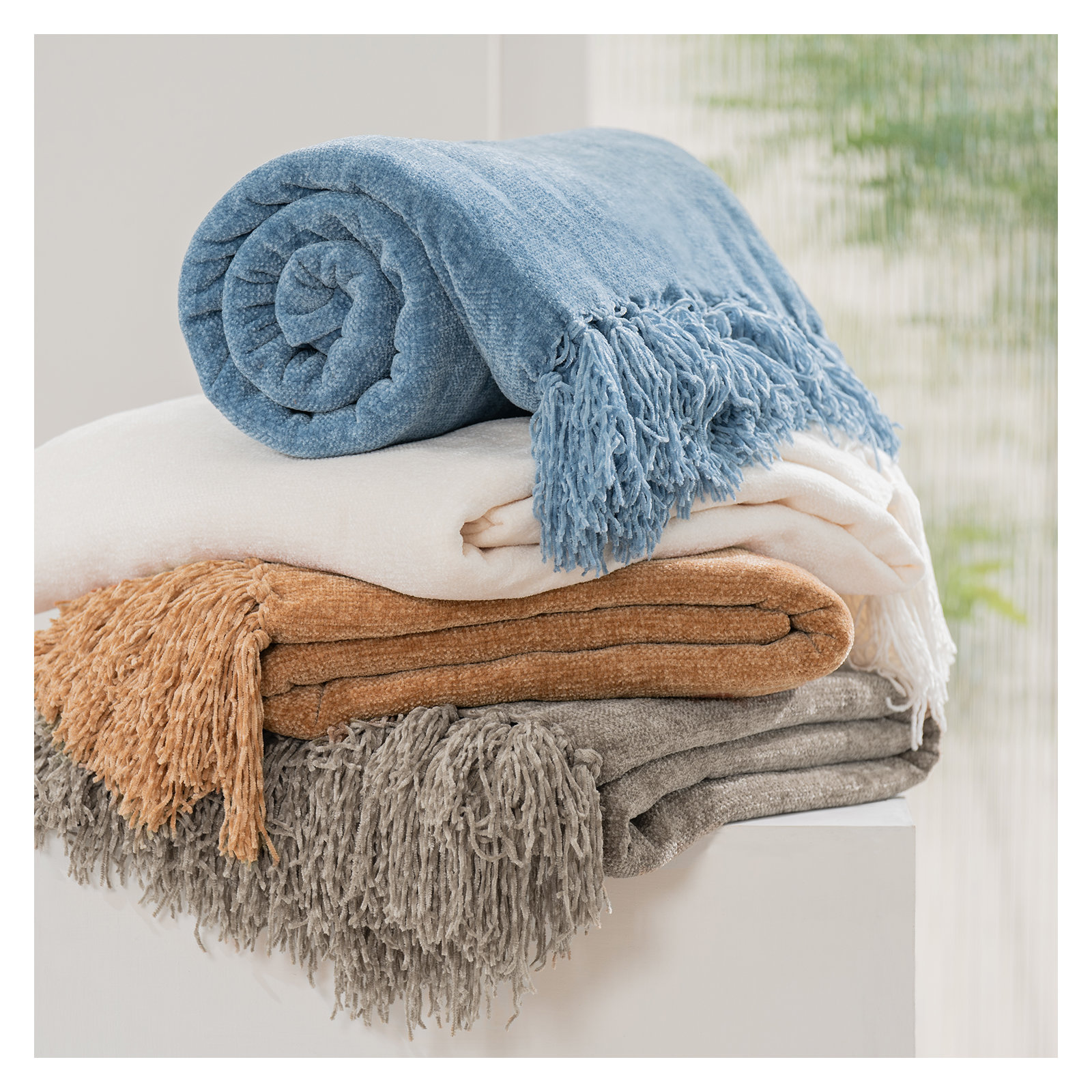 Soft Chenille Throw Blanket, Ivory White, 60" L x 50" W
