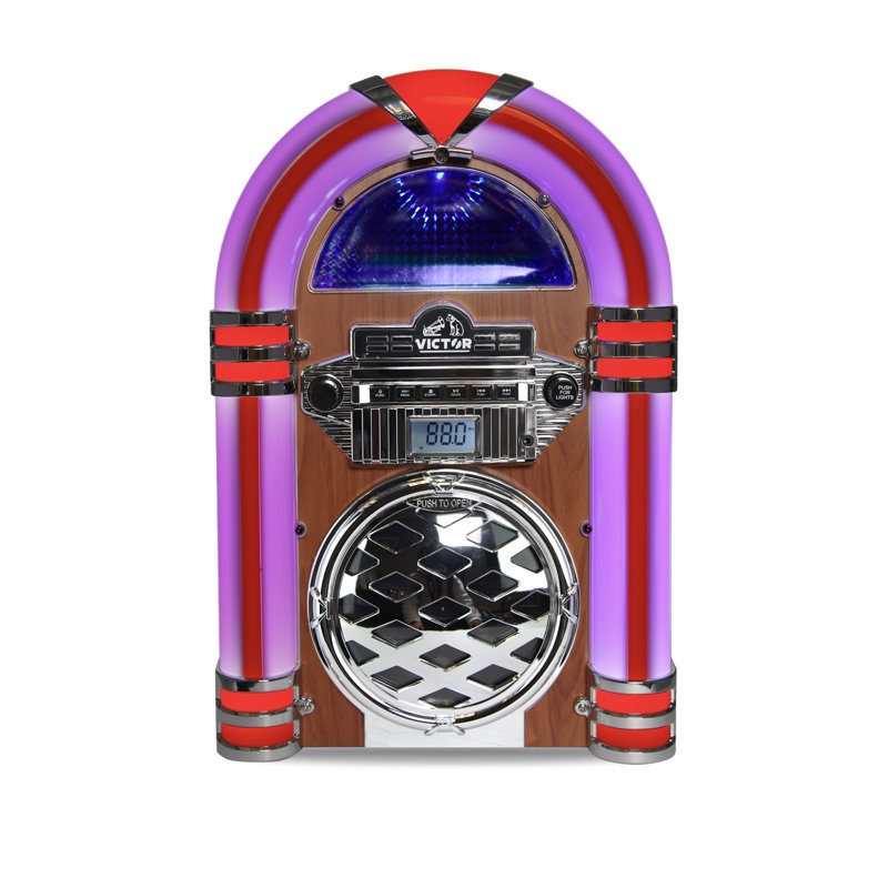 Bluetooth CD Jukebox Speaker with FM Radio & Multicolor LED Lighting, Mahogany
