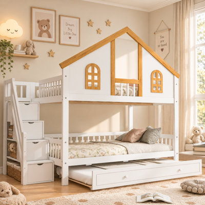 Lit superposé en bois avec escalier de rangement et lit gigogne, cadre de lit cabane avec fenêtres et tiroirs