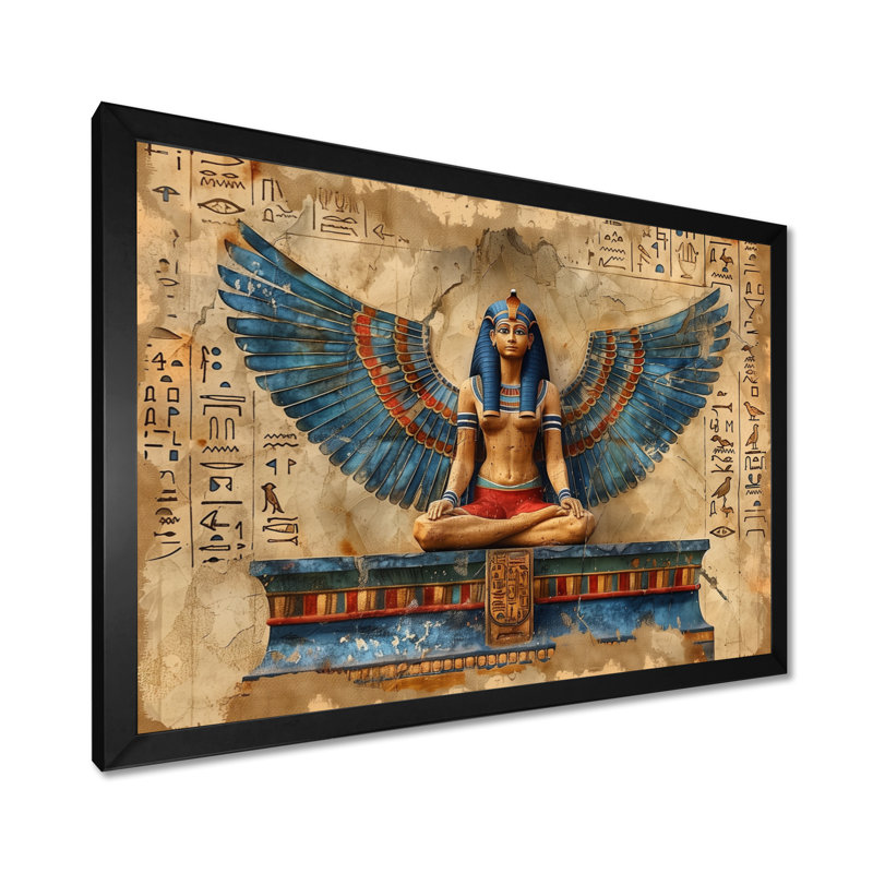 Bleu et beige déesse égyptienne I - Égypte, art mural, H 30 po x l 40 po x P 1,5 po, Toile encadrée noire simple