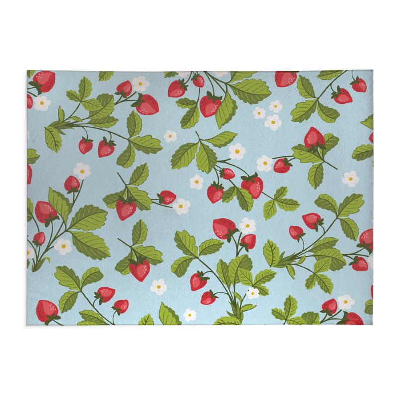 Tapis de cuisine anti-dérapant léger Strawberries, Bleu, Rectangulaire 3 pi x 5 pi