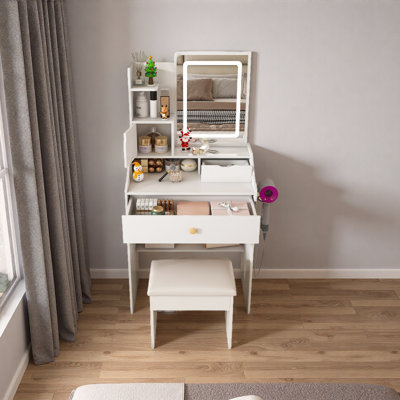 Miroir de coiffeuse 3 couleurs à DEL avec tabouret, coiffeuse pour la chambre à coucher, 2 tiroirs et 5 armoires de rangement (4 ouvertes + 1 cachée), éclairage réglable