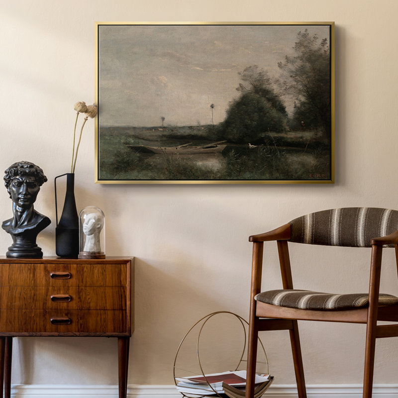 Paysage rétro - toile encadrée galerie encadrée, Toile avec cadre flottant or, H 27 po x l 41 po x P 2 po