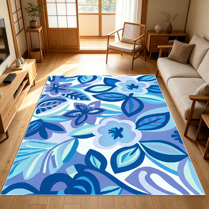1PC Modern Abstract Blue Floral Leaf Pattern area rugs for Living Room, Soft and Comfortable, Suitable for all seasons, easy-to-maintain, machine washable Indoor floor mat