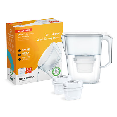 Aqua Optima Water Filter Pitcher Value Pack For Tap And Drinking Water With 3 Evolve+ Filter, Bpa Free, Wqa Certified, Daisy Design (white)
