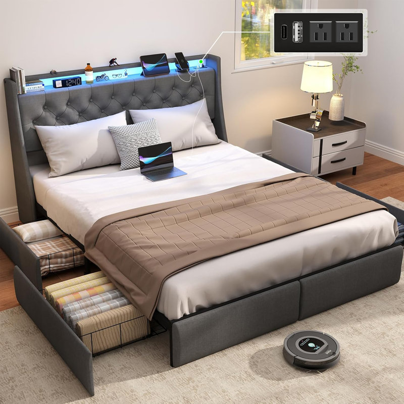 Oneita Upholstered LED Bed Frame with 4 Drawers, Bed with Storage Headboard and Charging Station, Queen